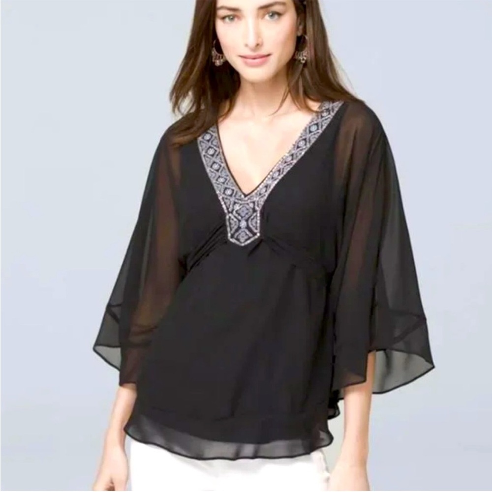 White House Black Market Black Sheer Kimono Blouse with Embellished Neckline